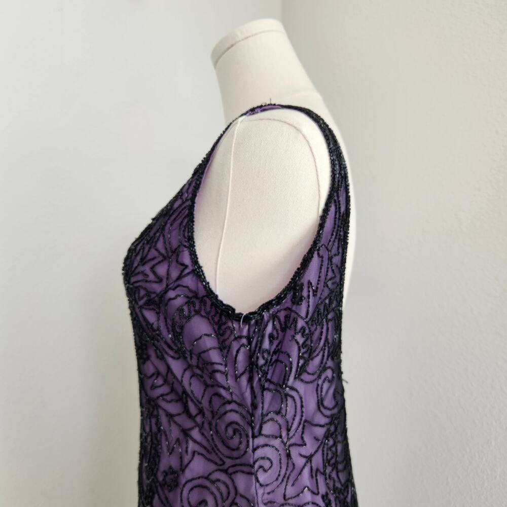 Vintage 90s Laurence Kazar Purple Black Beaded Sheath Dress Sleeveless Mini S - Picture 5 of 12